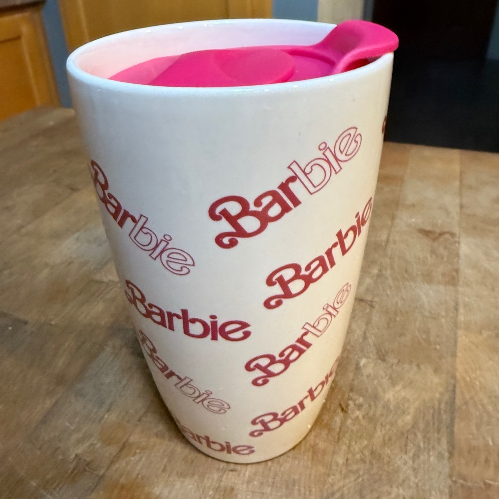 Ceramic Barbie Mug with Pink Lid Pink and White Travel Coffee Cup - Picture 3 of 16
